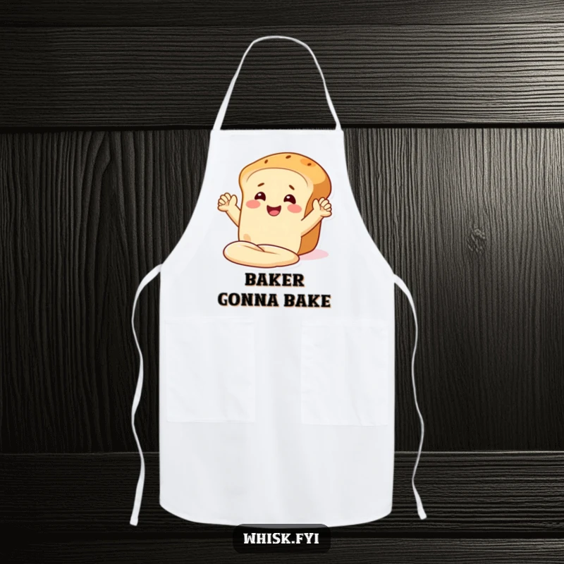 Funny apron showing a happy bread loaf with arms, smiling and kneading dough, perfect for kitchen protection.