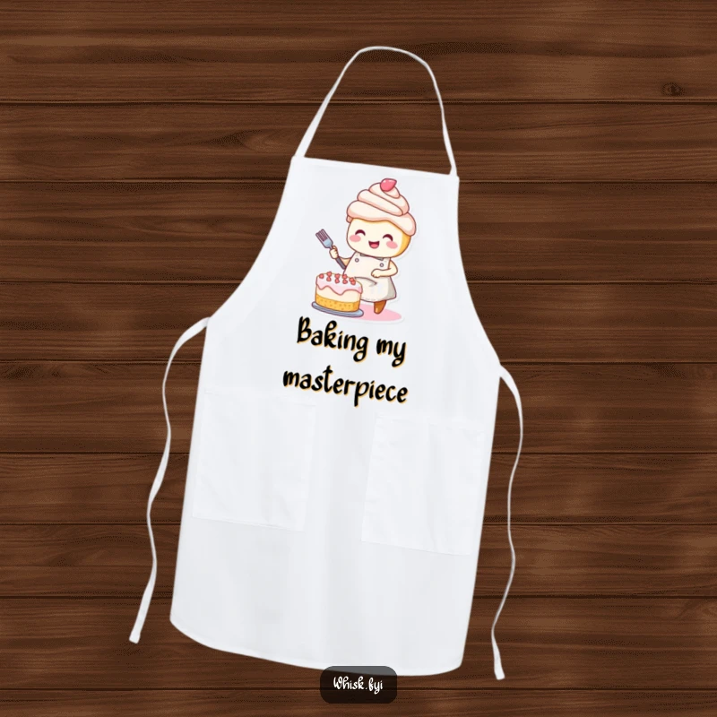 Funny apron: A smiling cupcake wearing an apron, joyfully decorating a cake, perfect for kitchen adventures.