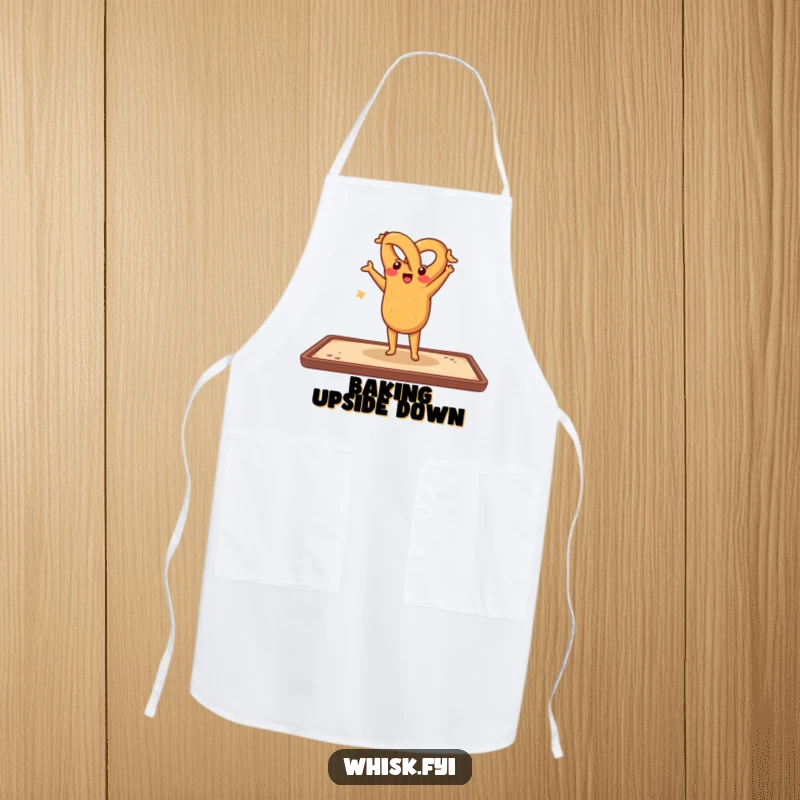 Funny apron showing a cheerful pretzel doing a handstand on a baking sheet, perfect for kitchen tasks with a playful, humorous twist.
