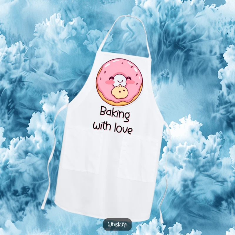 Funny apron showing a blushing donut frosting a cookie, perfect for the shy and sweet baker.
