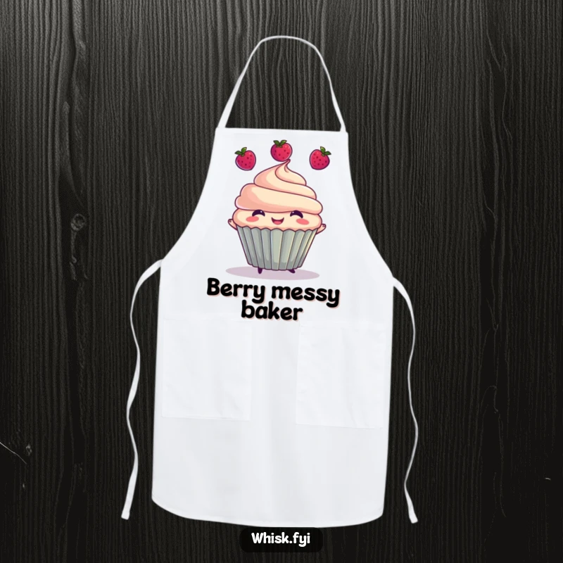 Funny apron featuring a happy cupcake character juggling three berries, perfect for bakers and cooks who enjoy a humorous kitchen accessory.