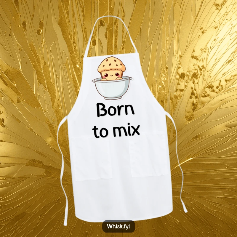 Funny Muffin Apron: A curious muffin peeking from a mixing bowl, ready to protect your clothes during messy, funny baking sessions.