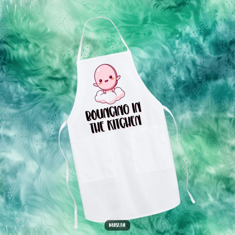 Funny apron with a giddy macaron character bouncing on a cloud, perfect for bakers who enjoy whimsical and humorous kitchenware.