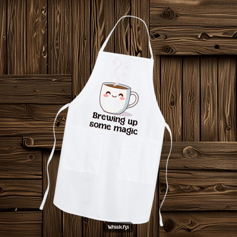 Funny kawaii apron with a cheerful coffee mug and steam graphic, ideal for a happy cook.