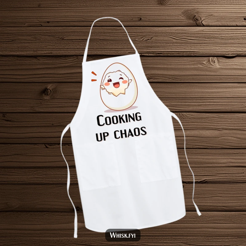 Funny apron with a happy egg character cracking open with a joyful exclamation, ready for breakfast creation.