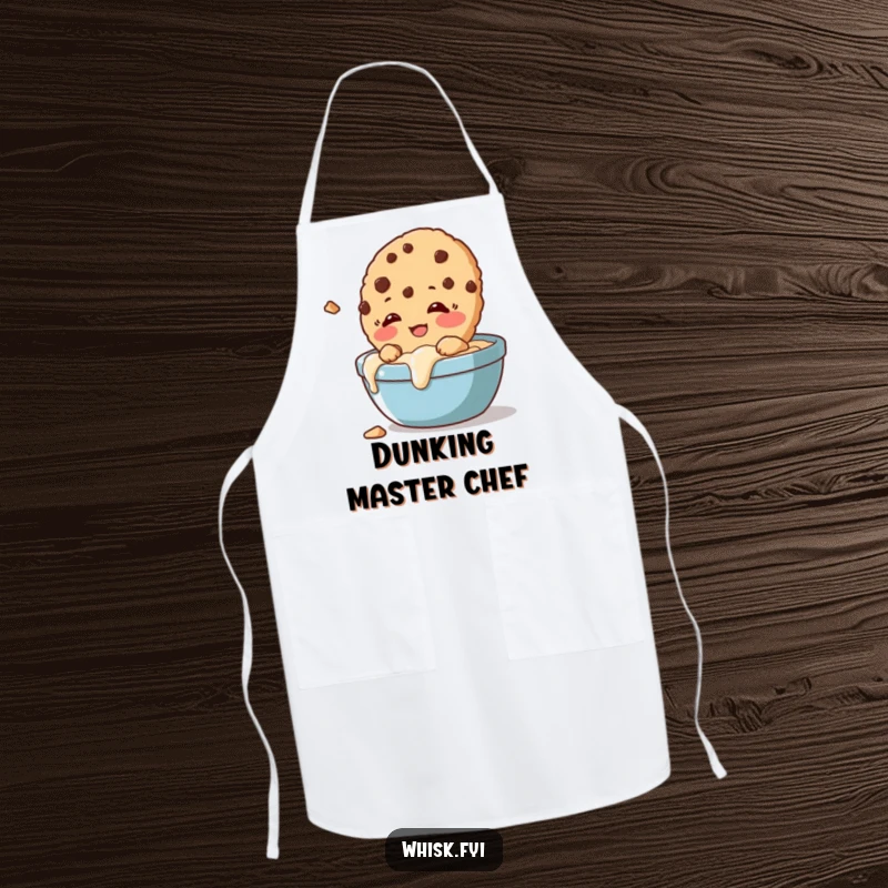 Funny apron showing a giggling cookie crumbling slightly while being dunked, perfect for the playful baker.