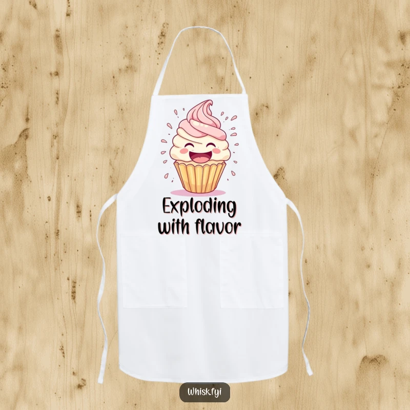Funny cupcake apron shows a laughing cupcake character with frosting exploding outwards, a humorous and practical kitchen accessory.