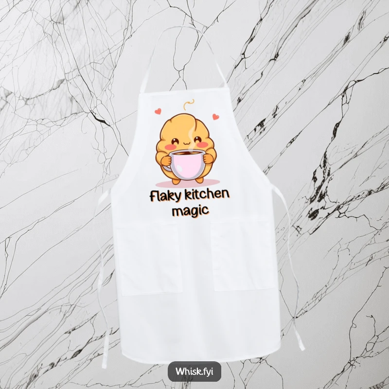 Funny apron featuring a blushing croissant offering a cup of coffee, perfect for bakers who appreciate a warm and humorous touch.