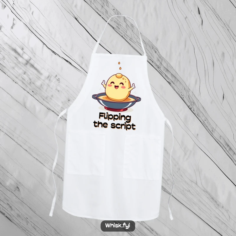 Funny pancake apron showing a happy breakfast character performing a flip in a hot pan, ready for breakfast duties.