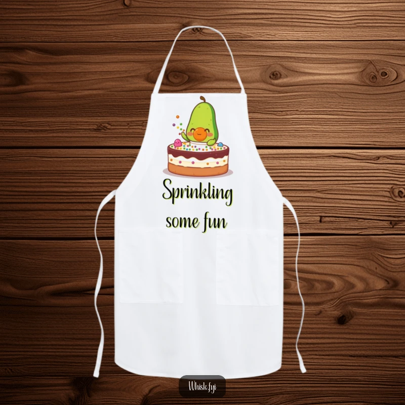 Funny green avocado character in an apron sprinkling colorful dots onto a cake on a kitchen apron.