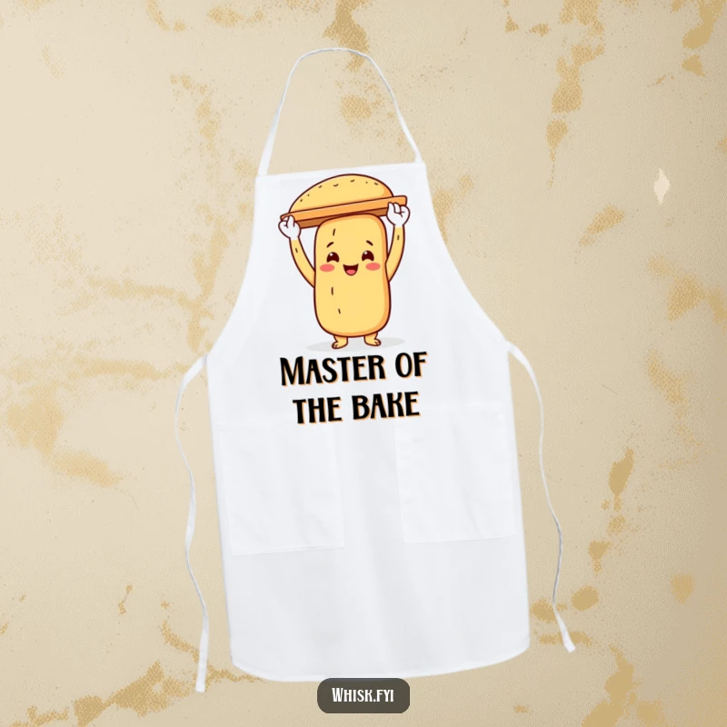Funny baguette baker apron showing a proud baguette character holding a baking sheet aloft, perfect for kitchen protection.