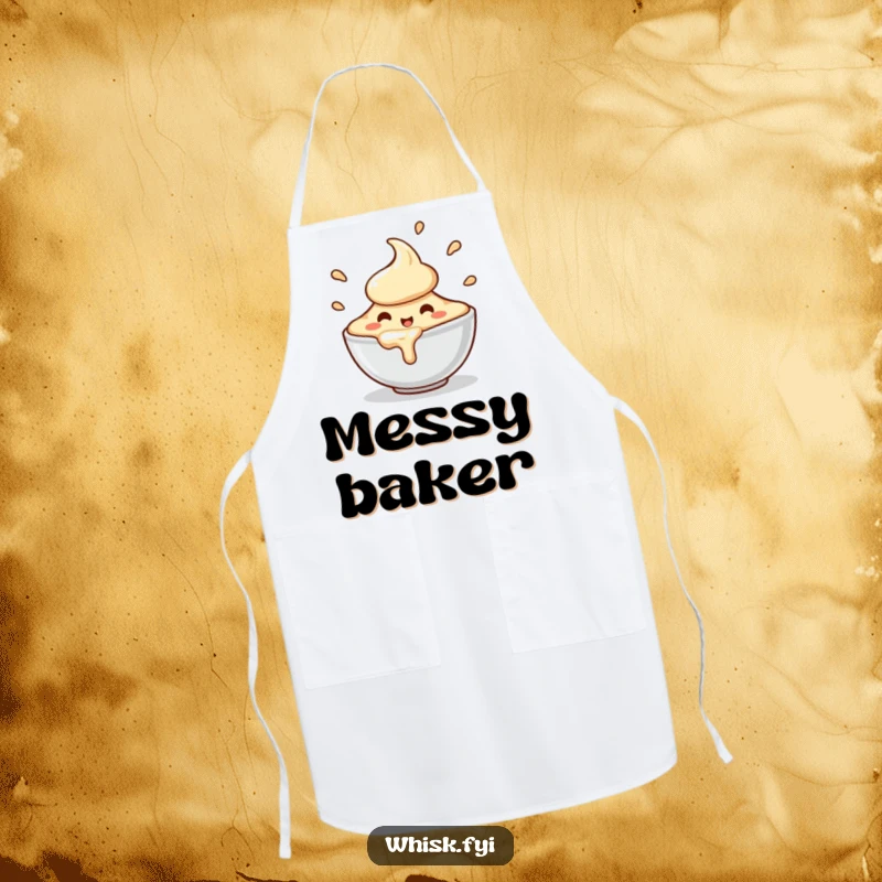 Funny apron for bakers, showing a charming, happy bowl of batter character spilling slightly with enthusiastic motion, functional and fun.