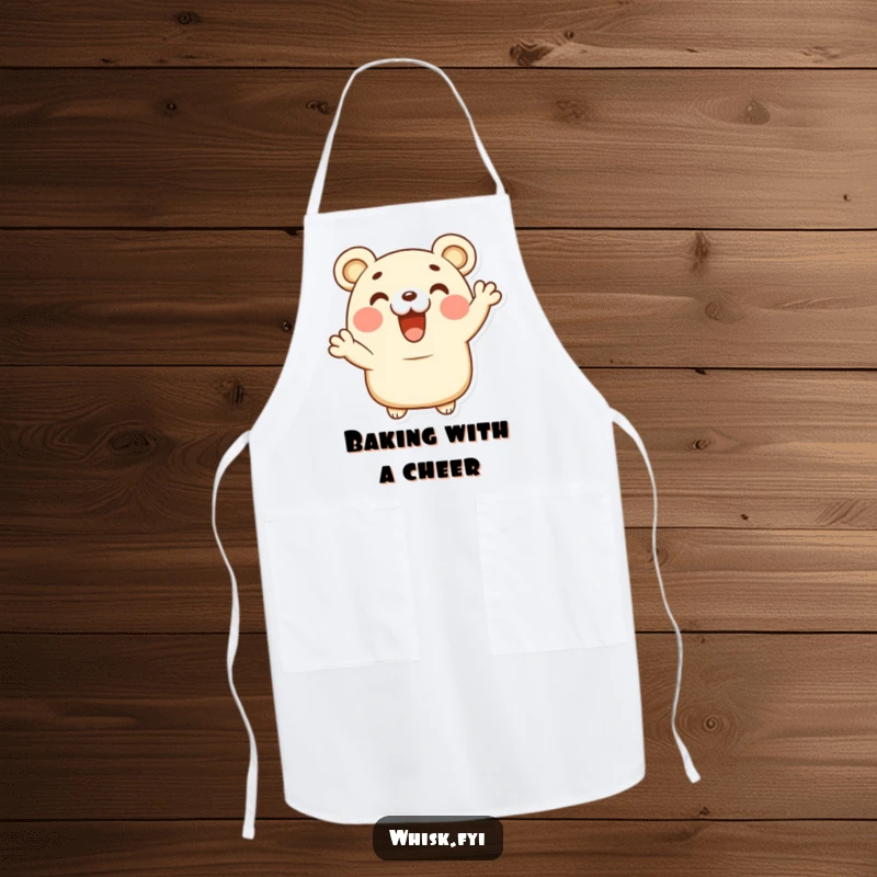 Funny happy bear claw pastry character giving a delighted cheer on a baking apron, ready for kitchen fun.