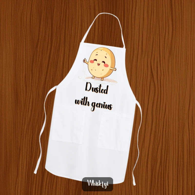 Funny bread apron showing a happy baker character energetically dusting a surface with flour, ready for baking.