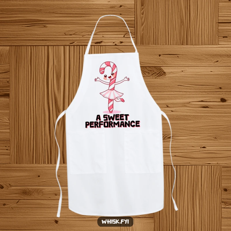 Funny Candy Cane Apron depicting a cheerful candy cane performing a ballet twirl, ideal for festive baking and kitchen activities.
