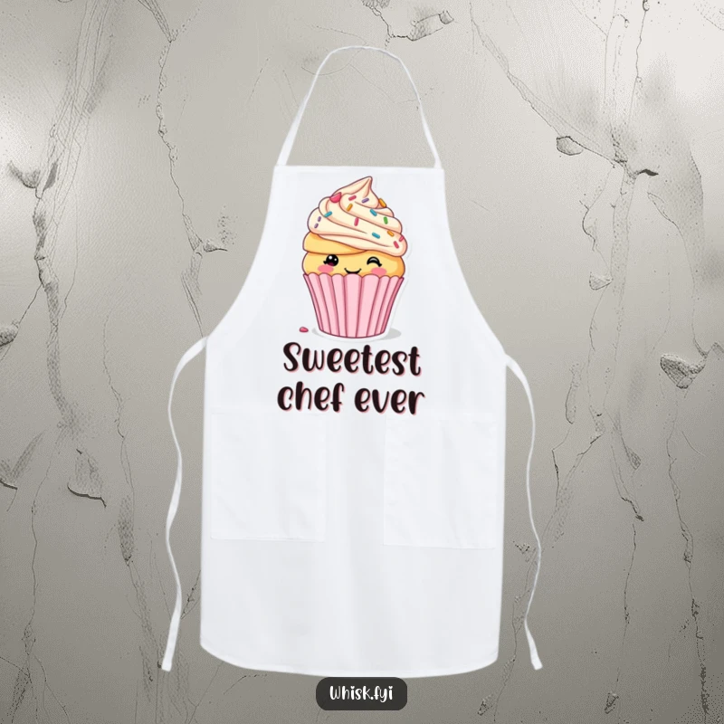 Funny apron showcasing a smiling cupcake self-decorating with sprinkles and frosting, perfect for kitchen tasks with a sweet, humorous twist.