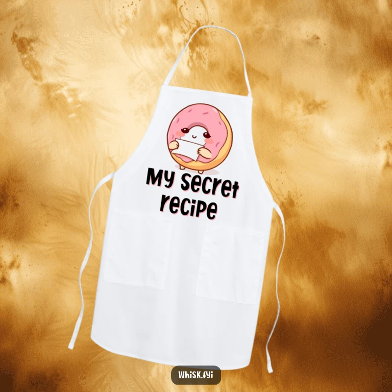 Funny donut character meticulously folding parchment paper, featured on a practical apron for humorous baking sessions.