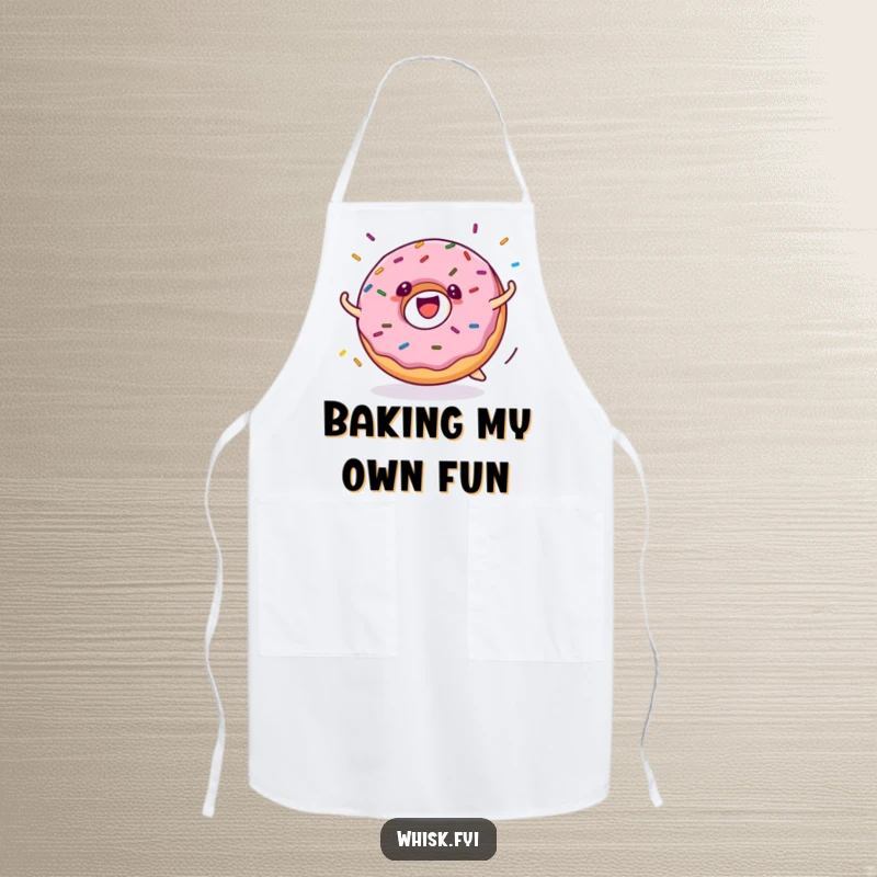 Funny donut apron shows a cheerful donut character rolling with sprinkles bursting outwards, a humorous addition to any kitchen outfit.