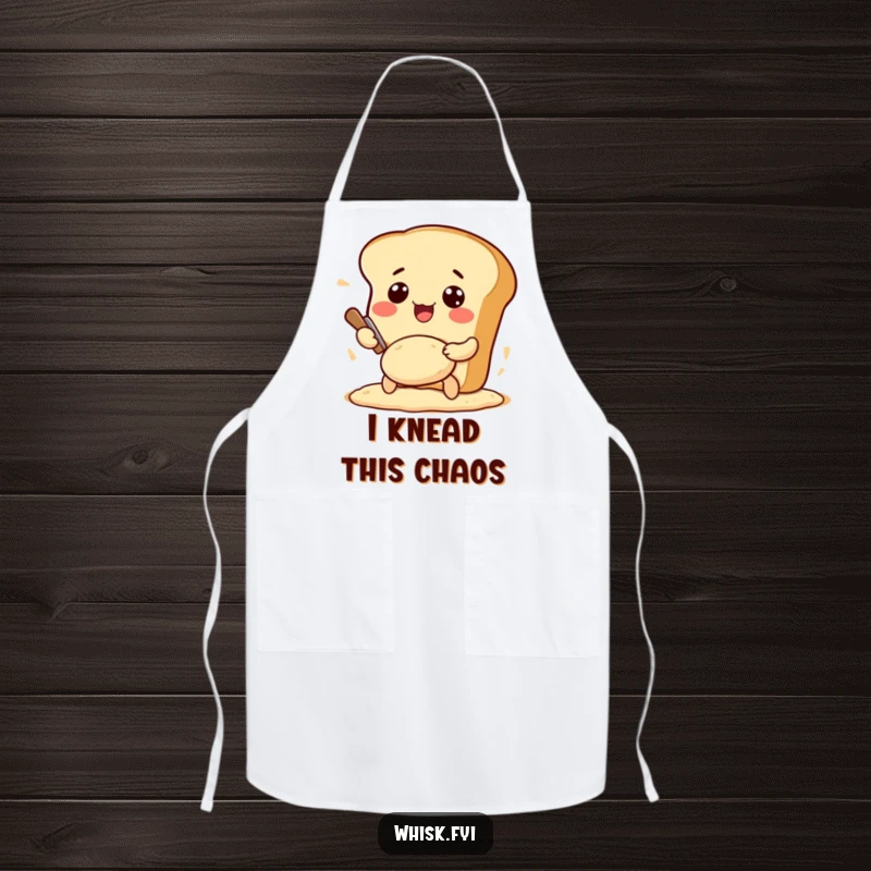 Funny Kawaii bread apron, showing an excited bread loaf character kneading dough, ideal for messy kitchen fun.