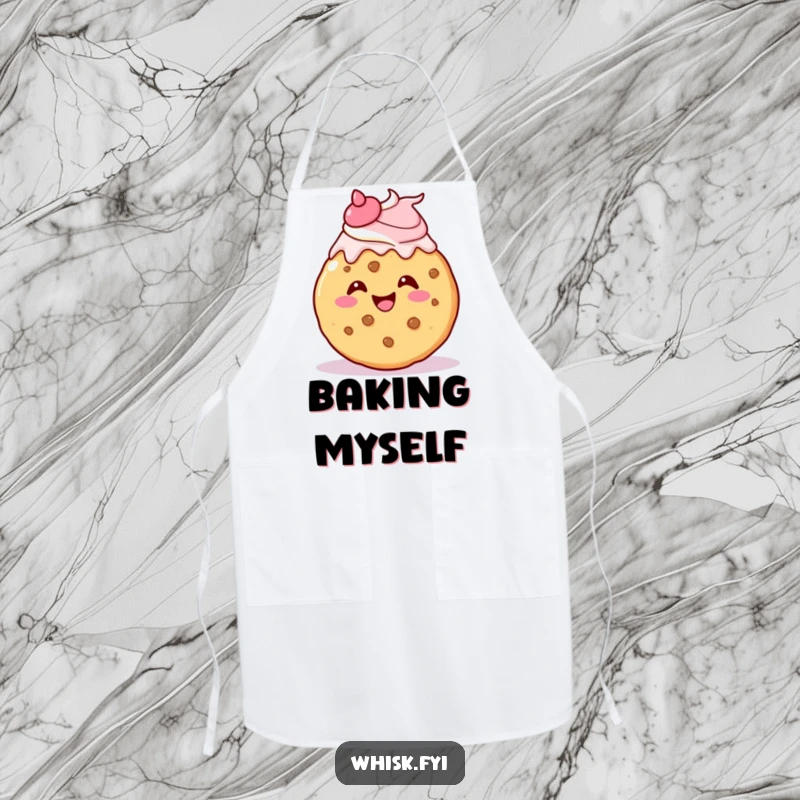 Funny kawaii cookie apron, gleefully icing itself with a cheerful flourish, kitchen-themed and amusing.