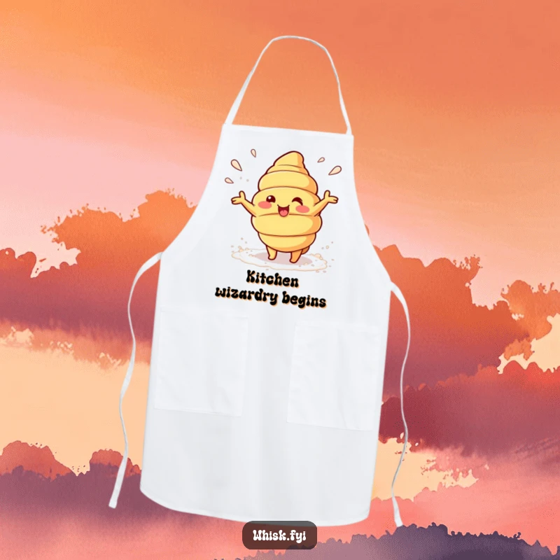 Funny Kawaii croissant character beaming and playfully tossing flour on a cooking apron, ready for baking adventures.