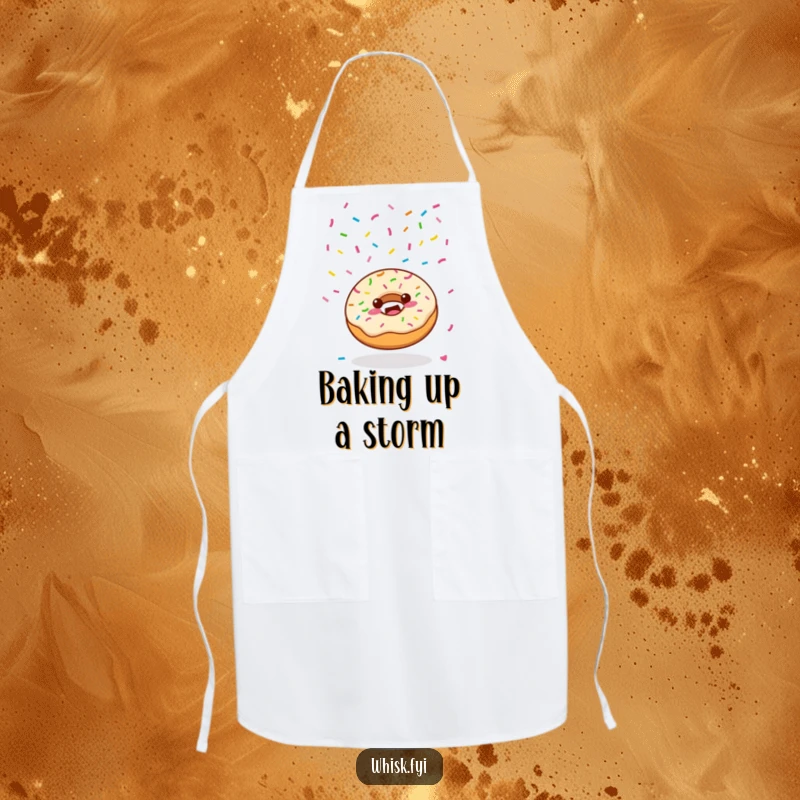 Funny Kawaii donut character joyfully scattering colorful sprinkles from above on a cooking apron, ready for baking.