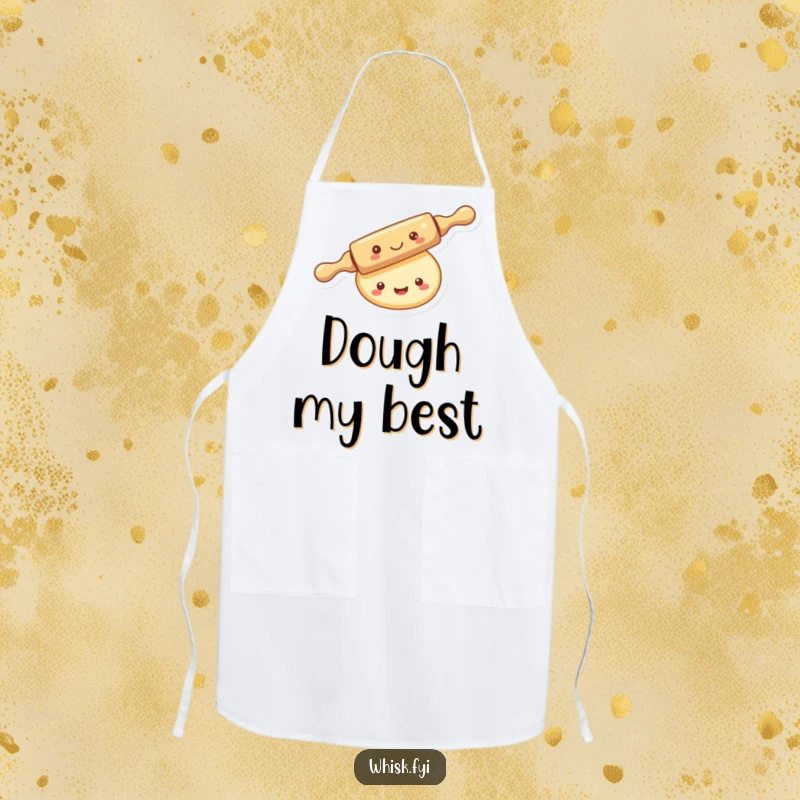 Funny kawaii rolling pin apron, merrily rolling over a smiling piece of dough, kitchen-themed and amusing.