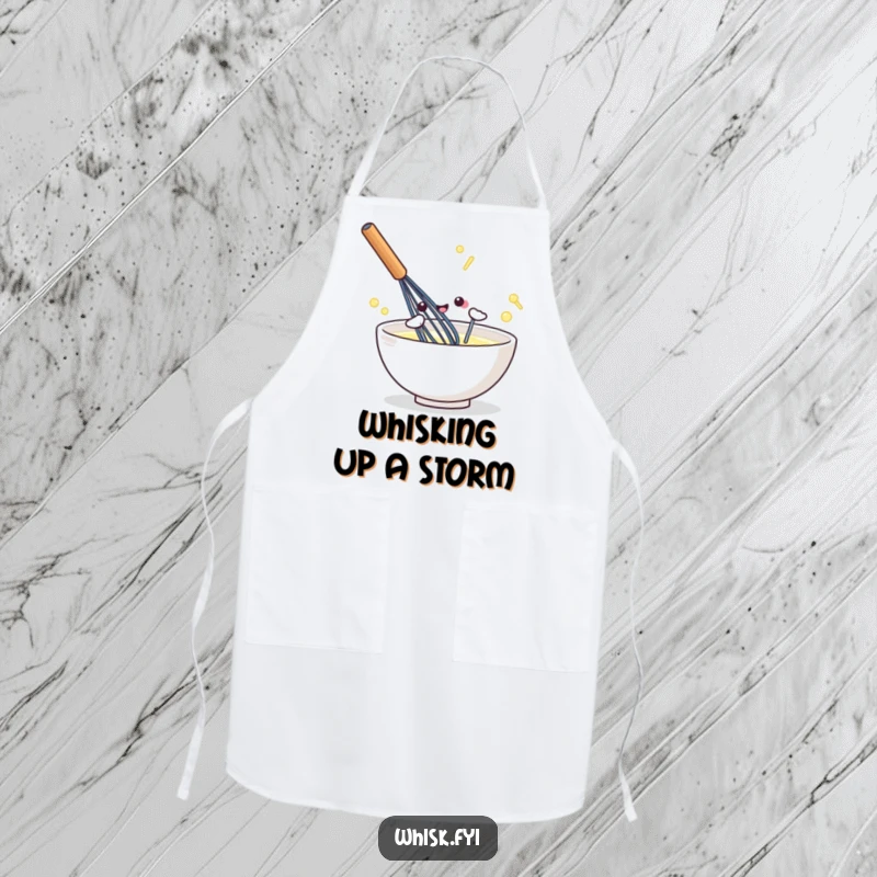 Funny kawaii apron with a dynamic whisk illustration, perfect for kitchen protection and baking fun.