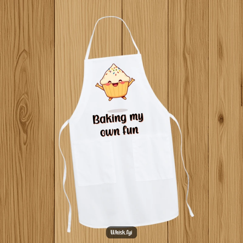 Funny Muffin Apron depicting a happy, jumping muffin with a sprinkle, designed for joyful cooking and kitchen fun.
