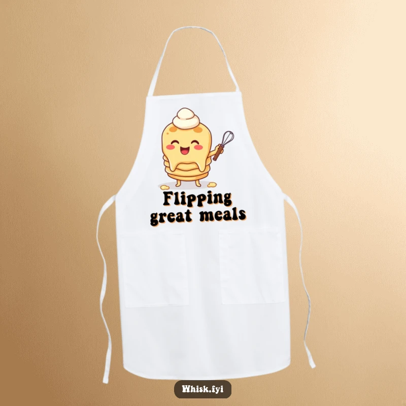 Funny apron with a cheerful pancake character flipping batter with a whisk, perfect for protecting clothes with breakfast humor.