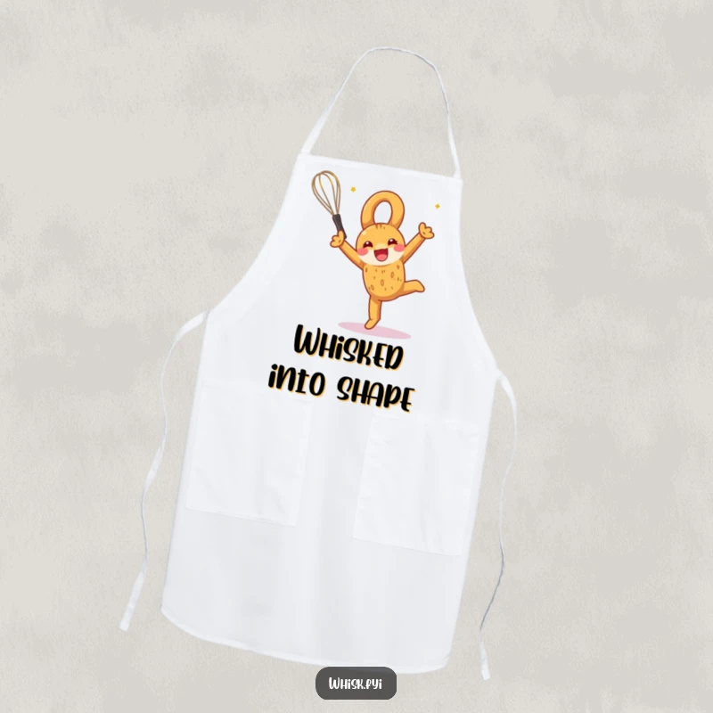 Funny apron showing a pretzel doing a celebratory somersault, whisk in hand, for the playful home baker.