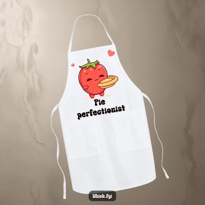 Funny apron designed for bakers, featuring a shy, blushing strawberry character presenting a beautiful homemade pie for kitchen protection.