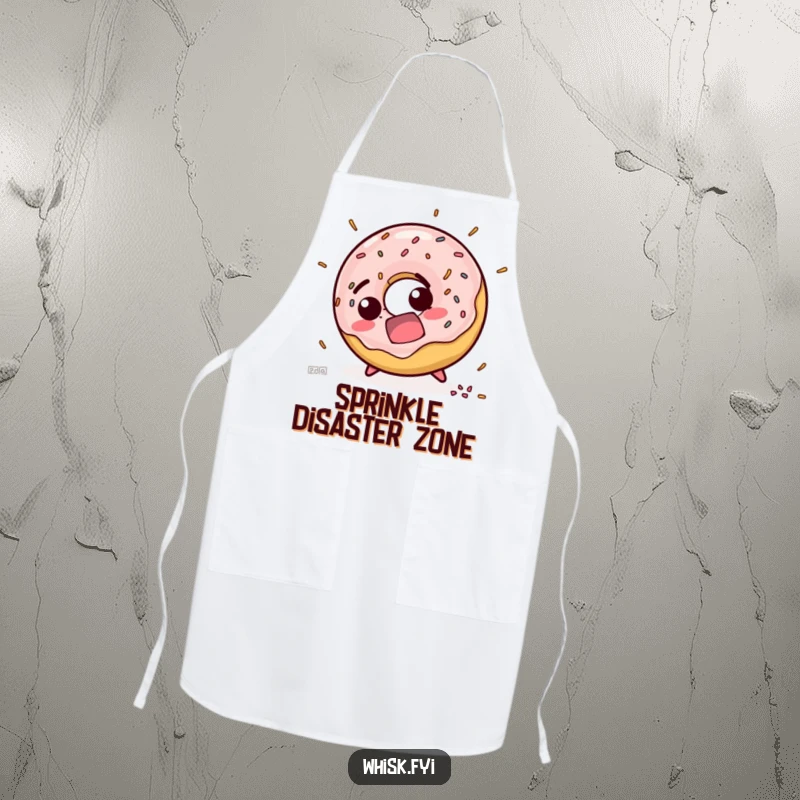 Funny apron showcasing a startled doughnut character tripping, sprinkles flying, perfect for protecting clothes with a side of humor.
