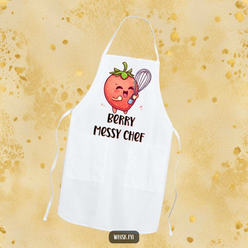 Funny apron with a playful strawberry character comically entangled in a whisk, perfect for protecting clothes with fruity humor.