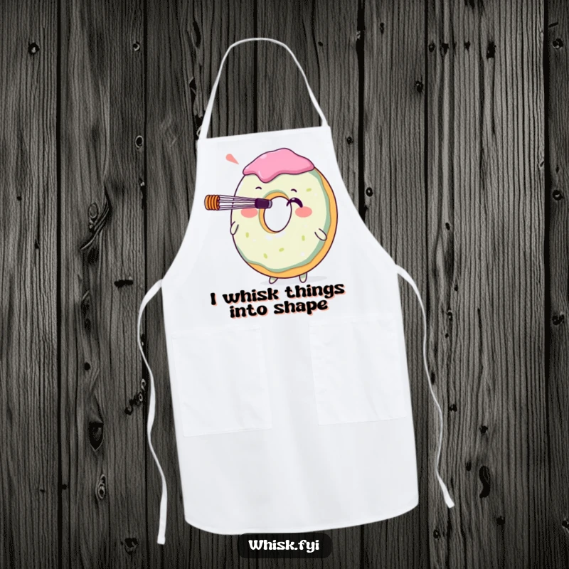Funny donut character balancing a whisk on its nose, embroidered on a practical apron. An ideal humorous gift for bakers and chefs.