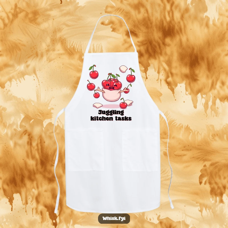 Funny playful bunch of cherries character juggling flour sacks on a baking apron, ready for kitchen fun.