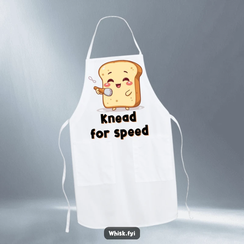 Funny apron featuring a giggling bread slice character meticulously dusting flour with a tiny brush, making kitchen tasks more amusing.