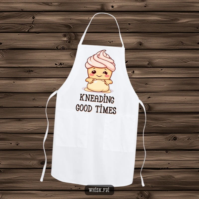Funny apron displaying a smiling cupcake with tiny hands, diligently kneading dough, perfect for kitchen fun.