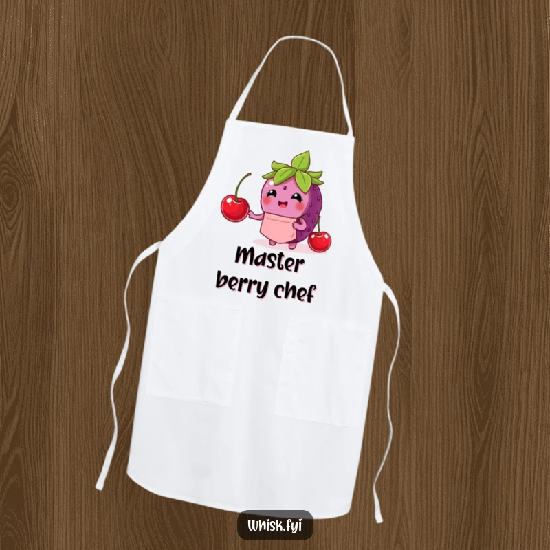 Funny berry apron depicting a delighted berry chef carefully placing a cherry, adding charm to cooking.