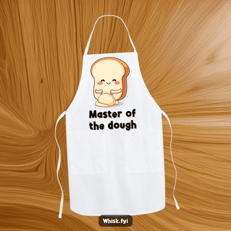 Funny bread slice character actively kneading dough, featured on a practical apron for humorous baking sessions.