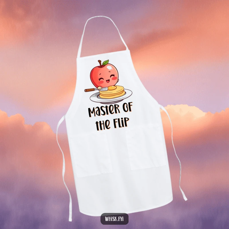 Funny blushing red apple character flipping a pancake with flair on a baking apron, a fun and functional breakfast humor gift.