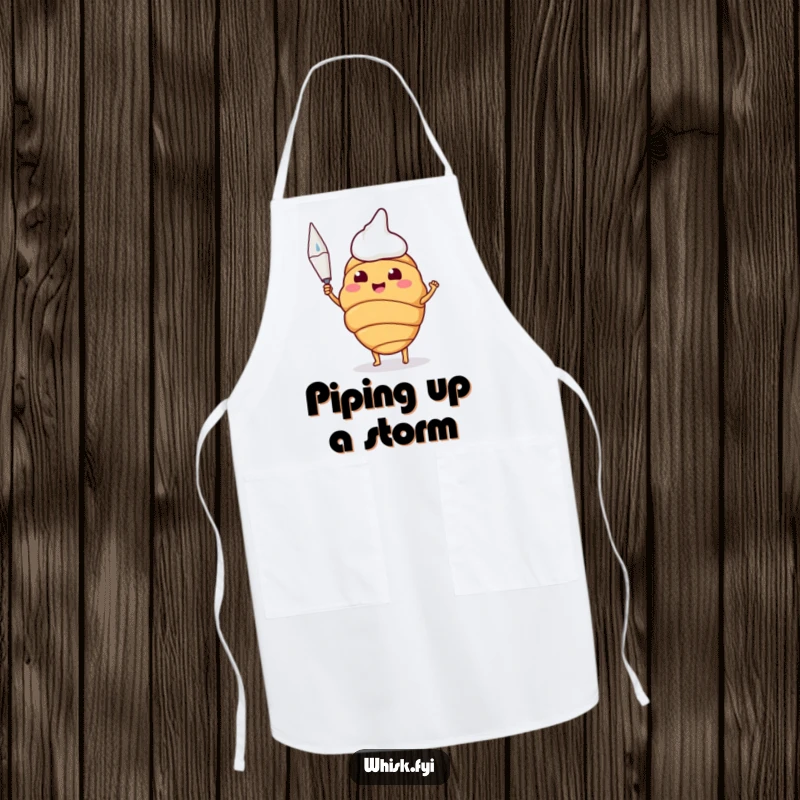Funny apron showing a happy croissant proudly holding a piping bag, ready for baking.