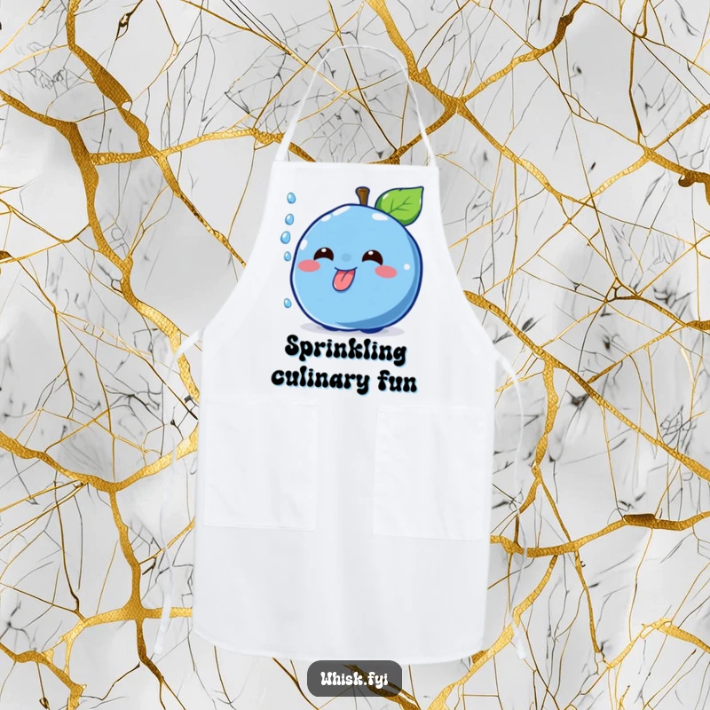 Funny cheerful blue blueberry character catching a sprinkle on a baking apron, a fun and functional dessert humor gift.