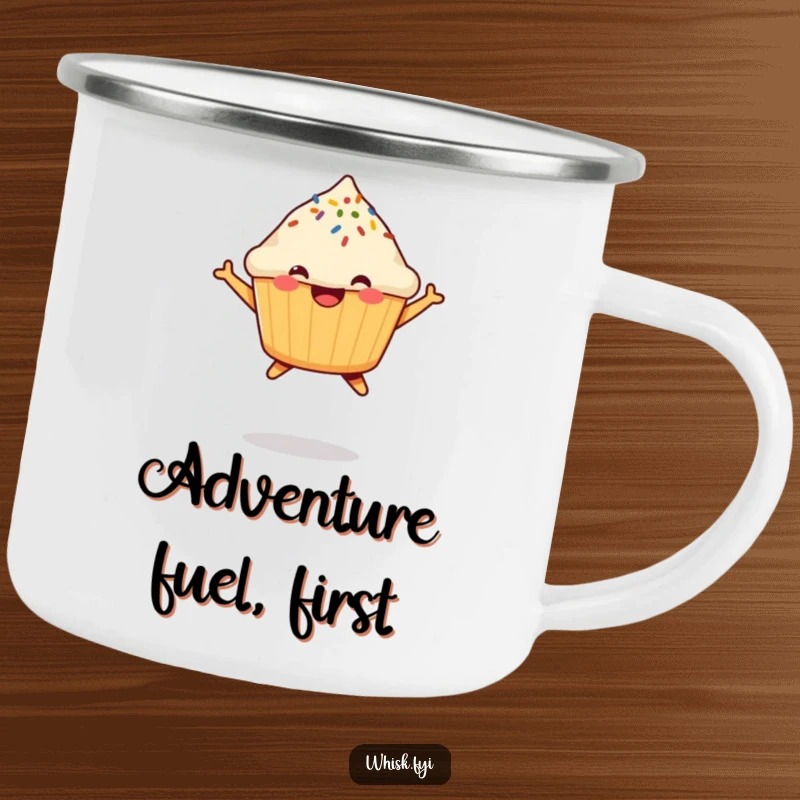 Funny Muffin Camping Mug showcasing a happy, jumping muffin with a sprinkle, perfect for enjoying drinks on your outdoor adventures.