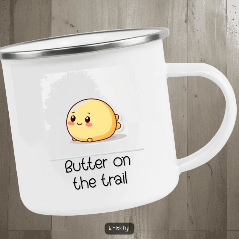 Funny camping mug depicting a wobbly, round butter character smoothly sliding, perfect for enjoying hot beverages during outdoor adventures.
