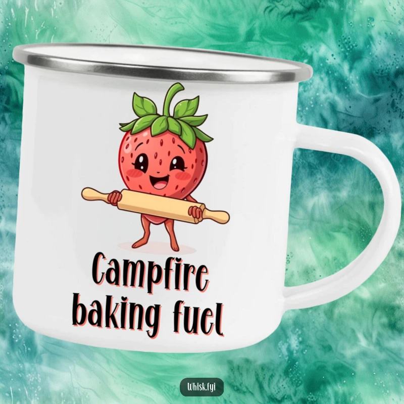 Funny camping mug featuring a delighted strawberry with a rolling pin, ready for baking adventures, durable and humorous.