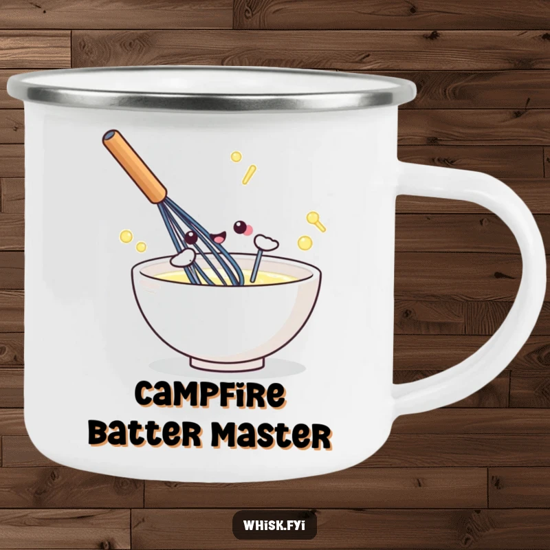 Funny kawaii camping mug with an energetic whisk illustration, perfect for outdoor cooking and baking.
