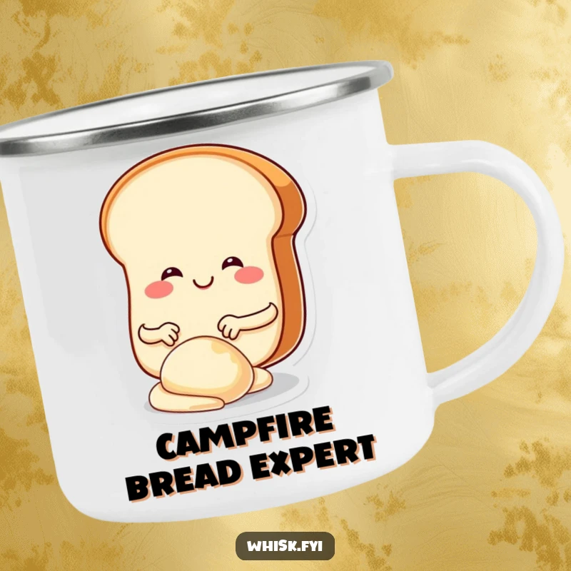 Funny bread slice character kneading dough, showcased on a durable camping mug for outdoor baking enthusiasts.