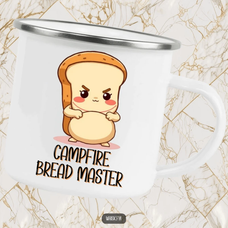 Funny determined brown bread loaf character kneading dough with gusto on a durable camping mug, great for outdoor baking humor.