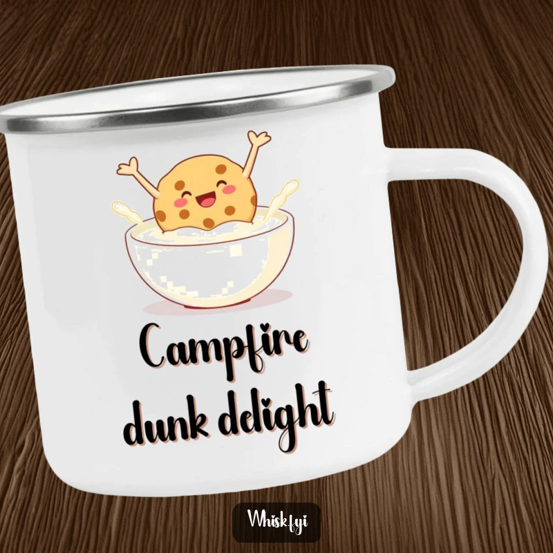 Funny camping mug featuring a giggling cookie jumping into milk, perfect for enjoying beverages outdoors with a splash of humor.